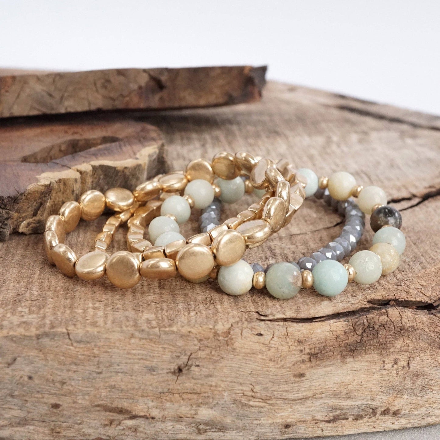 Boho Beaded Bracelet Stack Amazonite Mint and worn gold tone - Set of 5