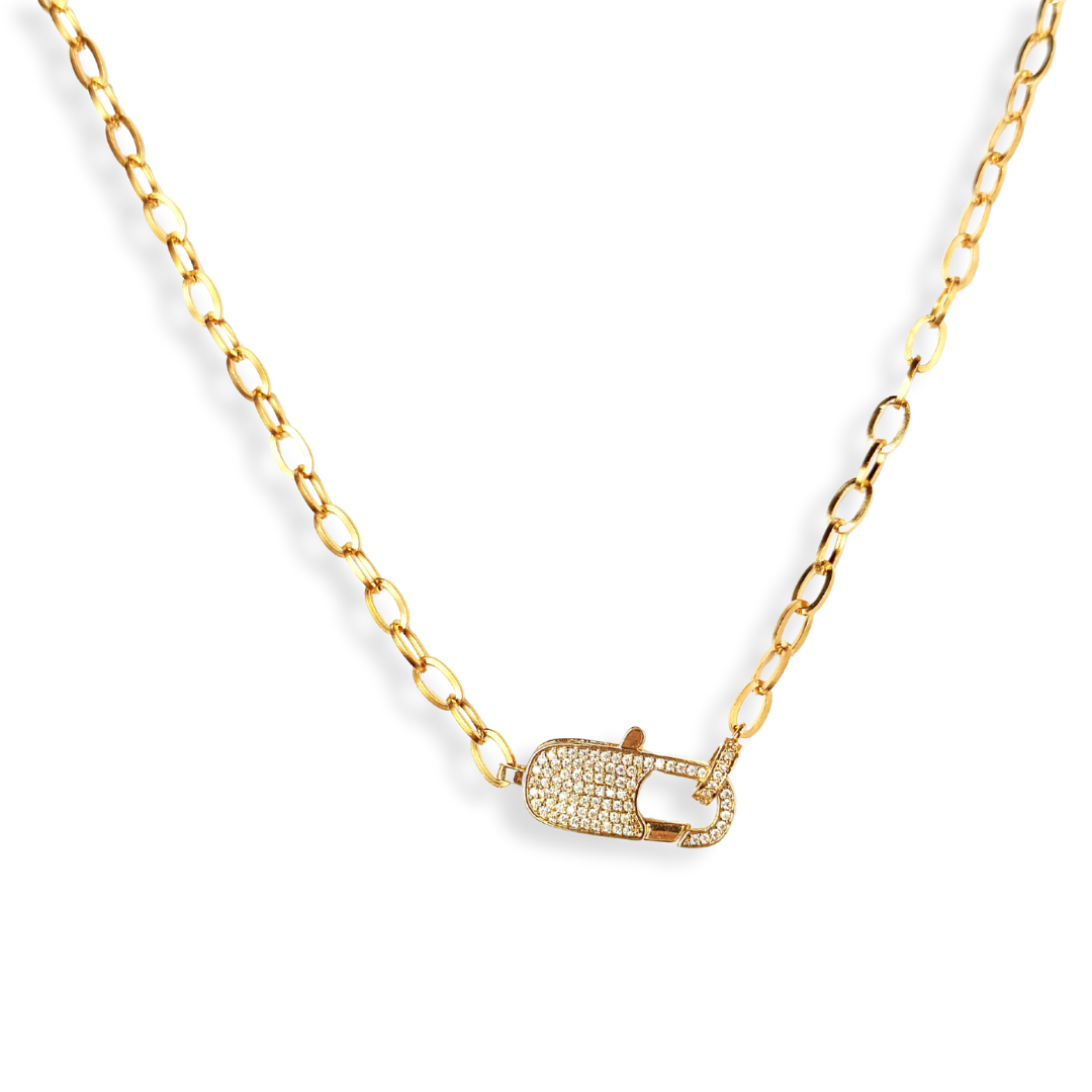 Large CZ Pave Caribiner Rectangle Clasp Chain Charm Necklace