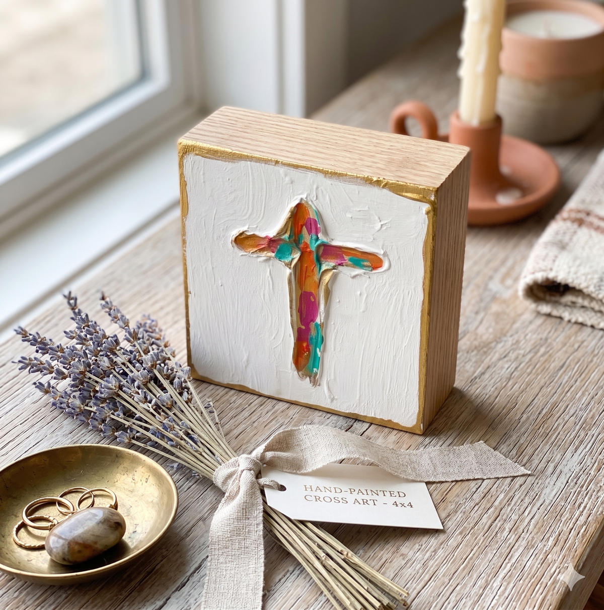 Hand-Painted 4x4 Textured Wood Cross Art Block