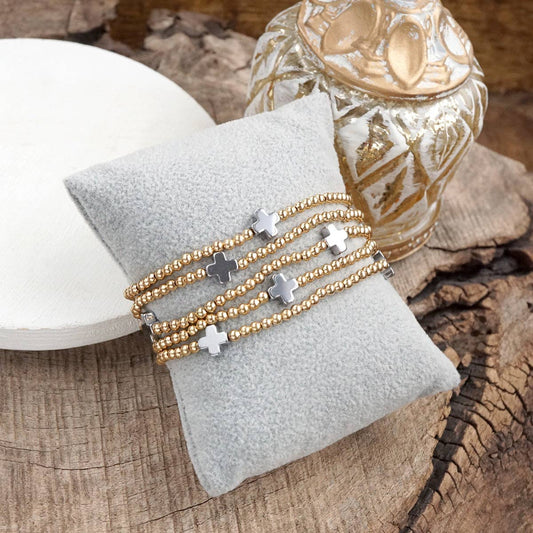 Crosslight Cascade – 5-Piece Gold Bead & Silver Cross Station Bracelet Set