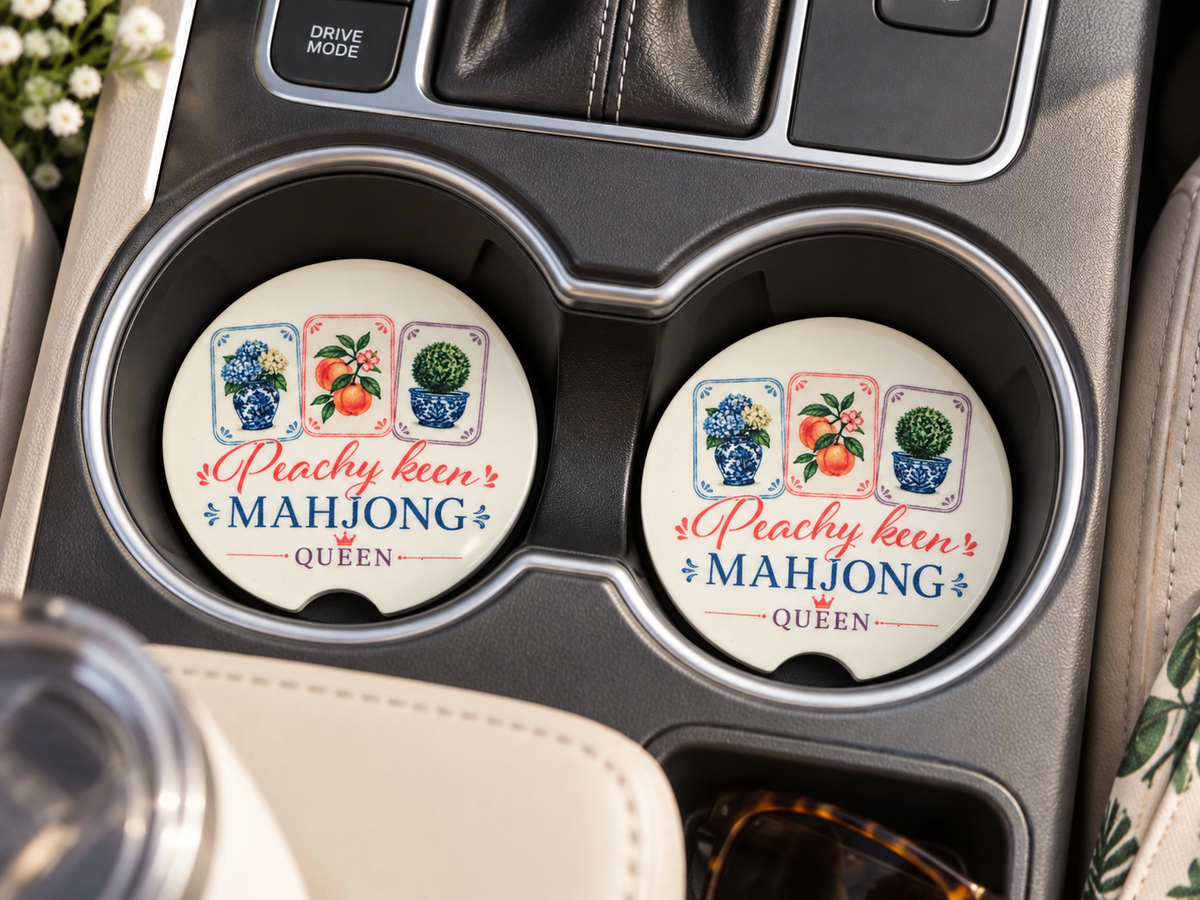 Peachy Keen Mahjong Queen Ceramic Car Coasters - Set of 2