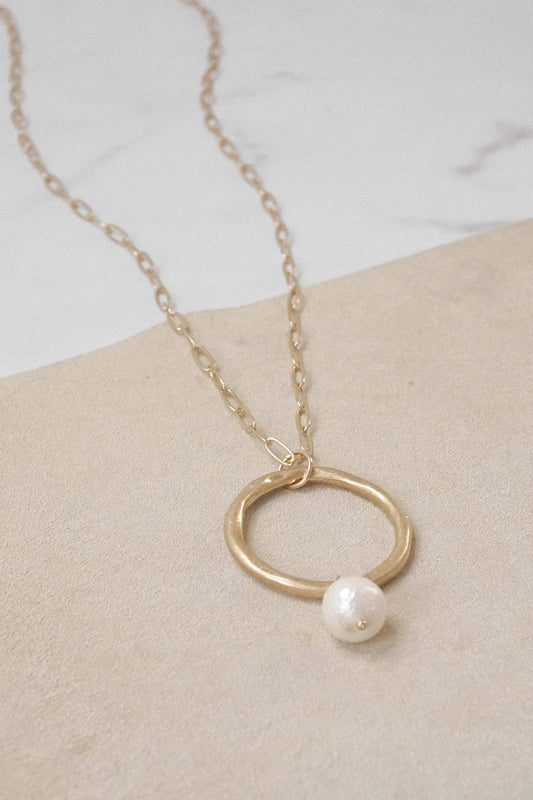 Minimalist long boho gold necklace with ring and pearl