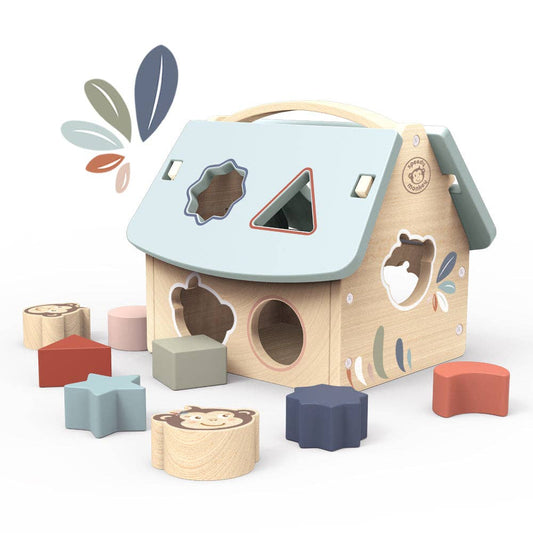 Wooden shape sorting toy with animal figures and colorful blocks on a white background