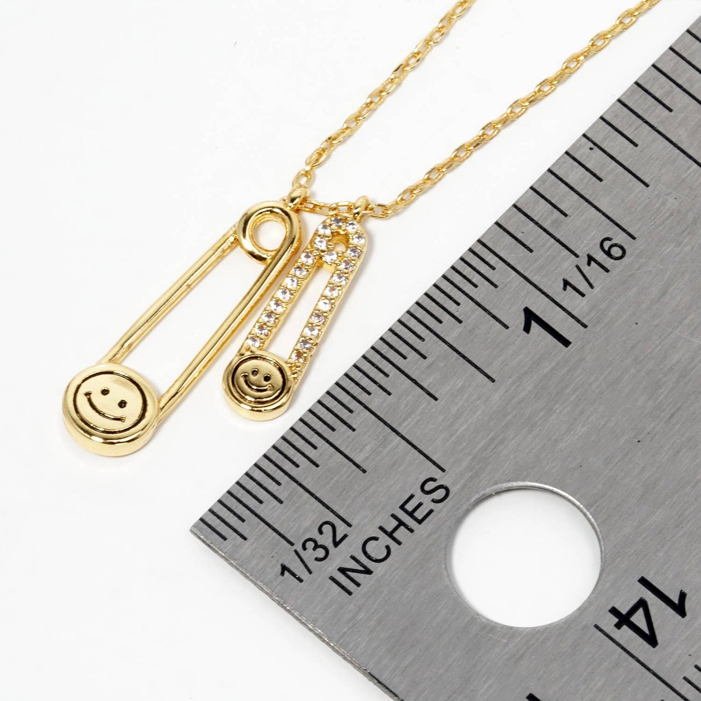CZ pave smiley face safety pin necklace