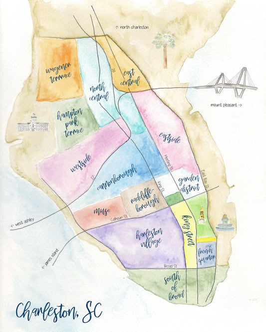 Charleston SC Neighborhood Hand-Painted Watercolor Map