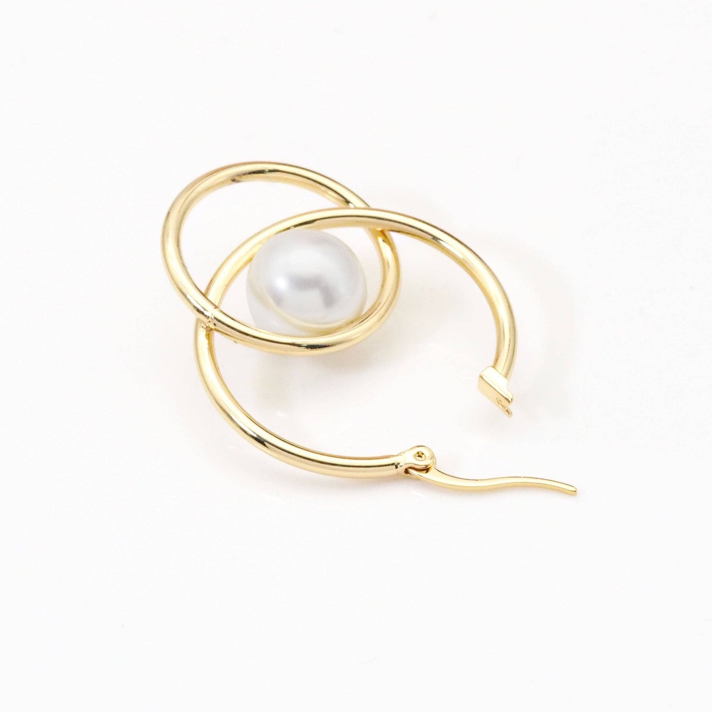 Gold Pearl Double Ring Hoop Earrings, Sku#Y787