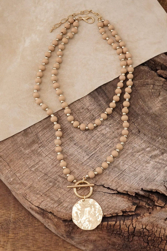 Multi Strand Wooden Beads Short Coin Necklace in Neutral and