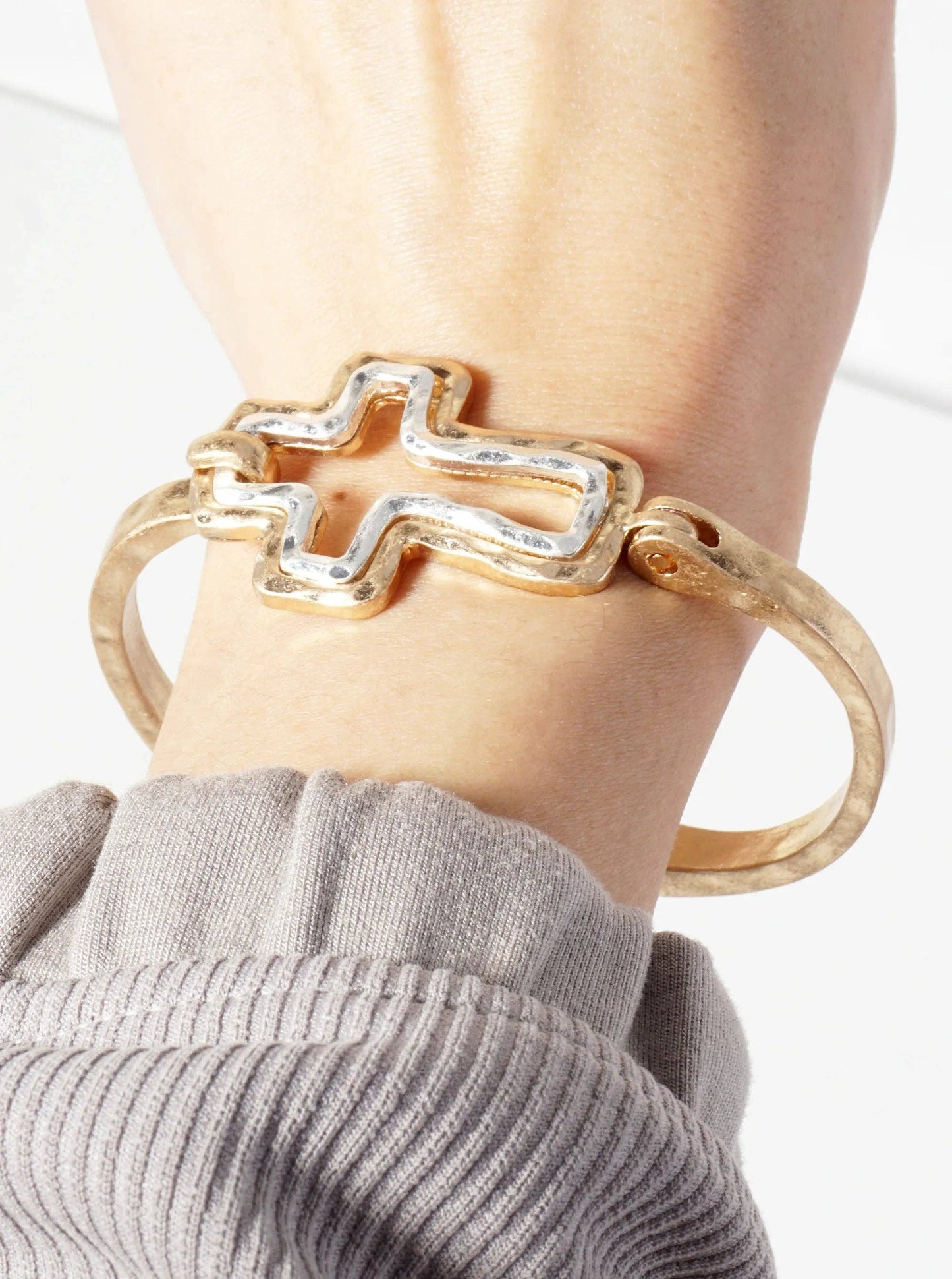 Hammered Metal Dual-Tone Cross Hook-Clasp Bracelet