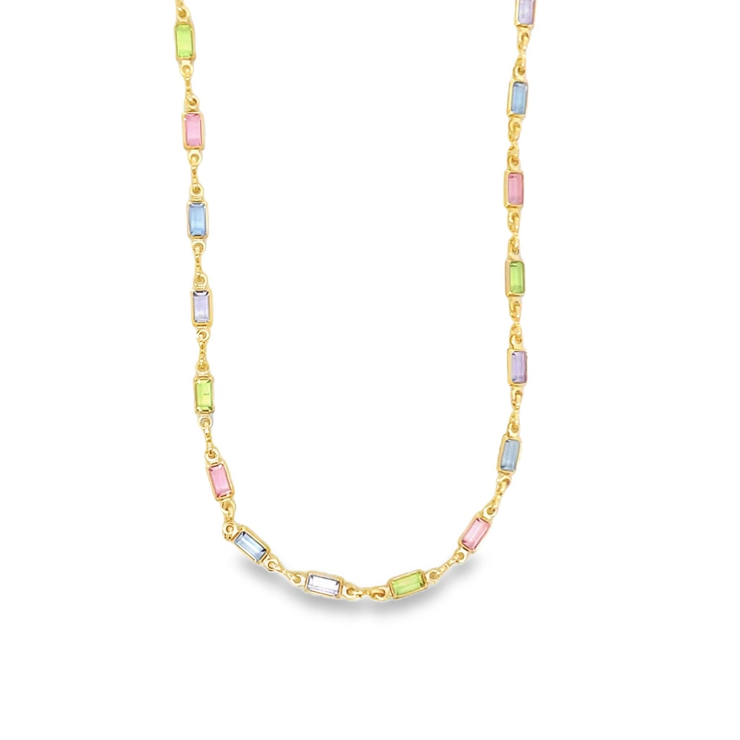 18K Gold Filled Rectangle Multicolor Stone Link Necklace ~ Water Resistant