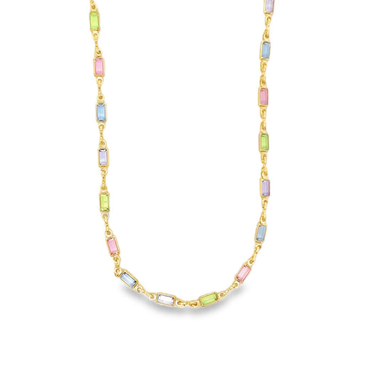 18K Gold Filled Rectangle Multicolor Stone Link Necklace ~ Water Resistant