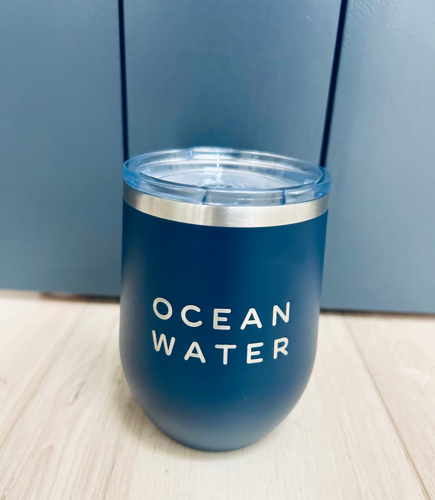 Locally made in Charleston Locally sourced in Charleston Blue tumbler with "Ocean Water" text on a light background