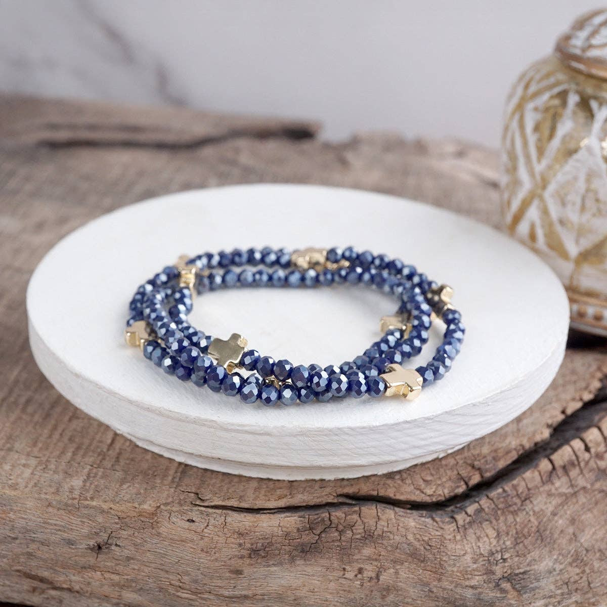 Mini Sideways Cross Bracelet stack Glass and gold metal beads