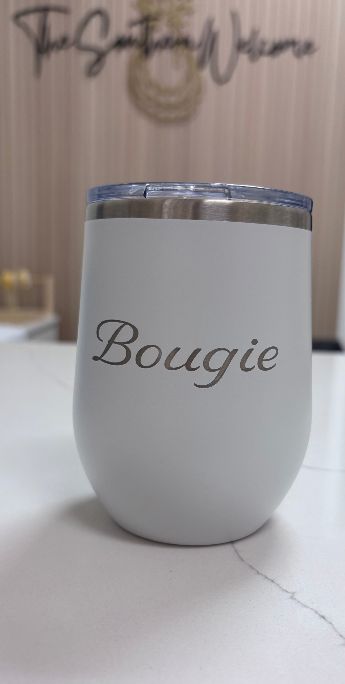 Locally sourced in Charleston White tumbler with 'Bougie' text on a light background
