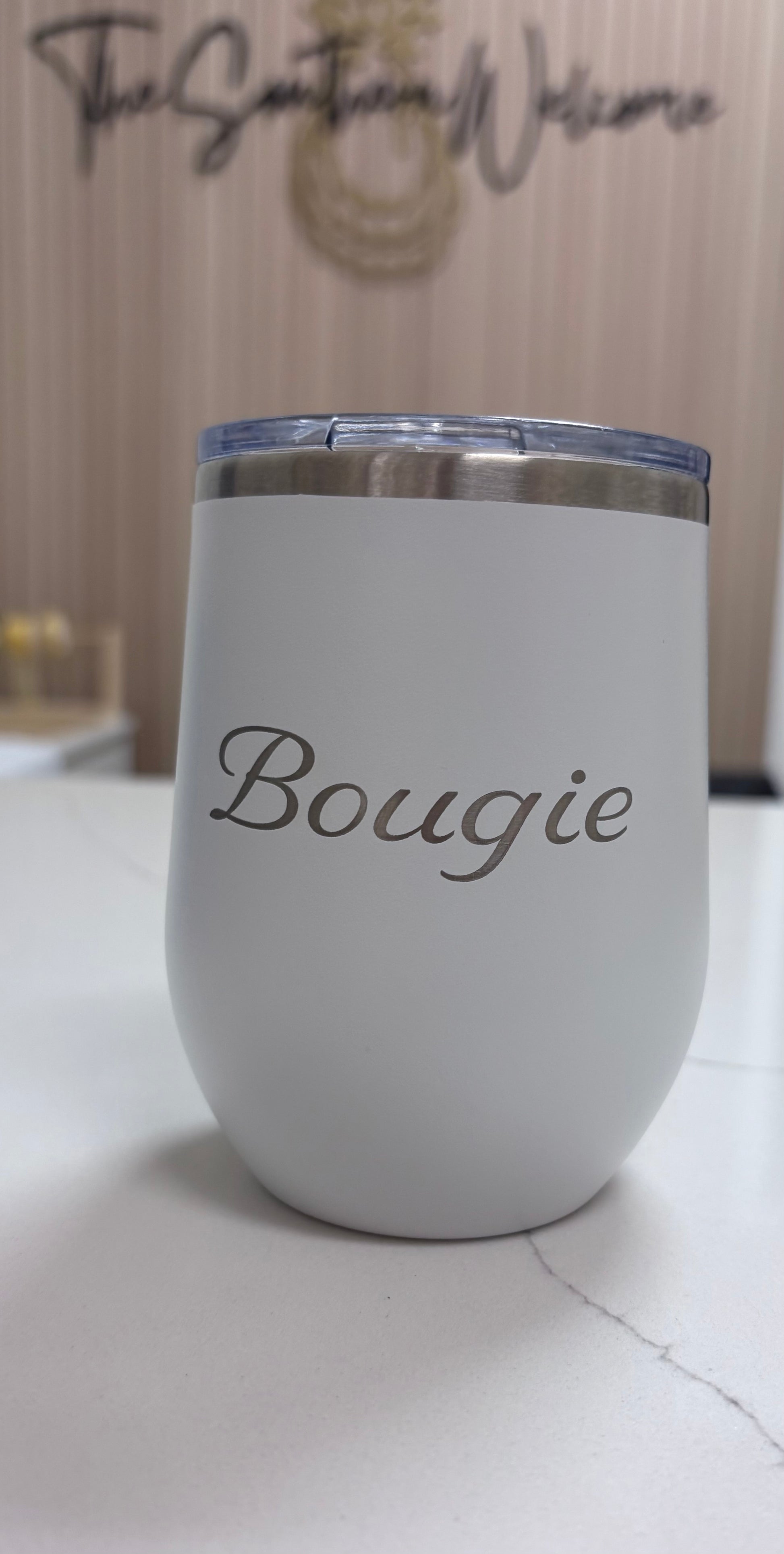 Locally sourced in Charleston White tumbler with 'Bougie' text on a light background