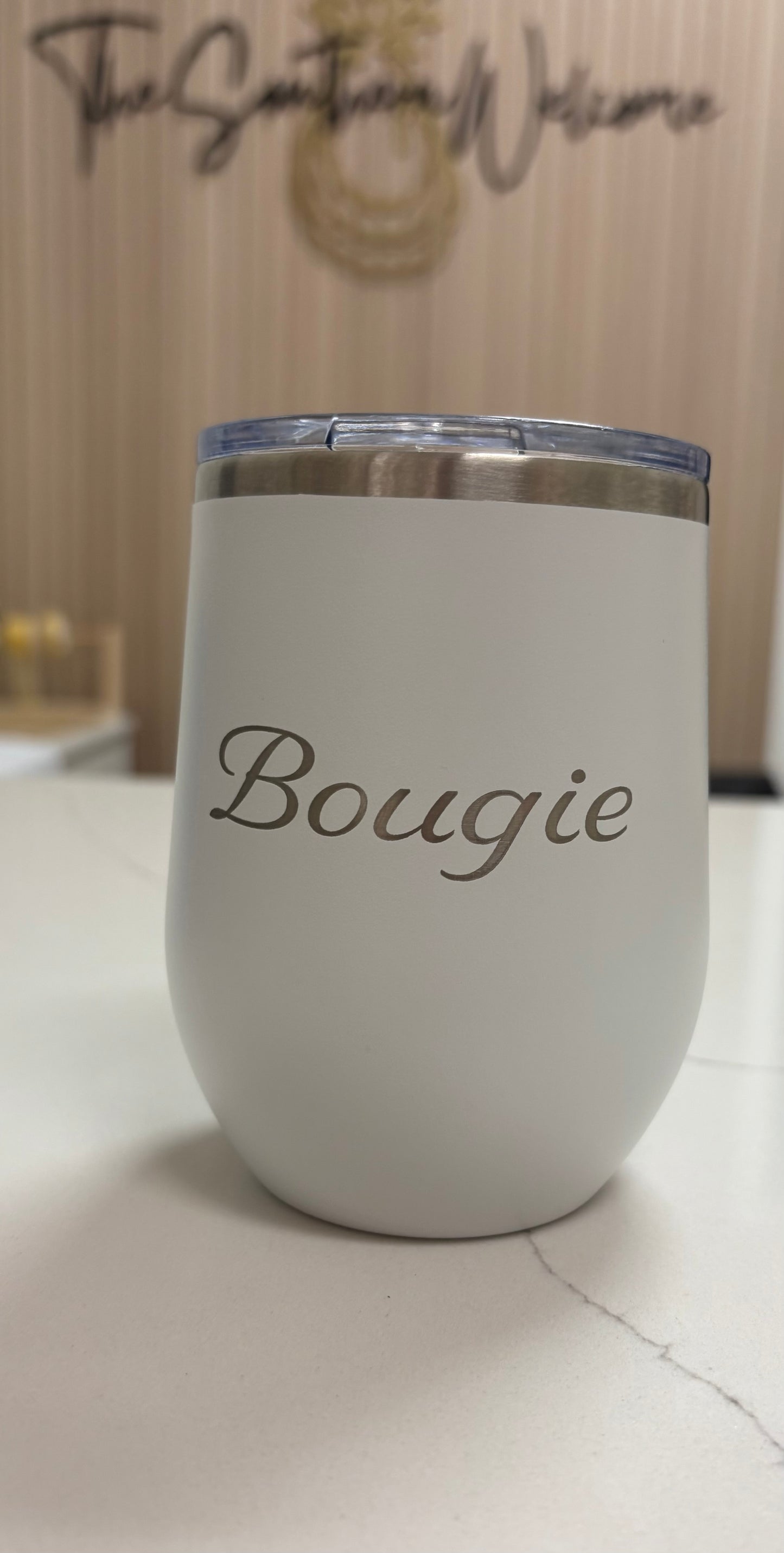 Locally sourced in Charleston White tumbler with 'Bougie' text on a light background