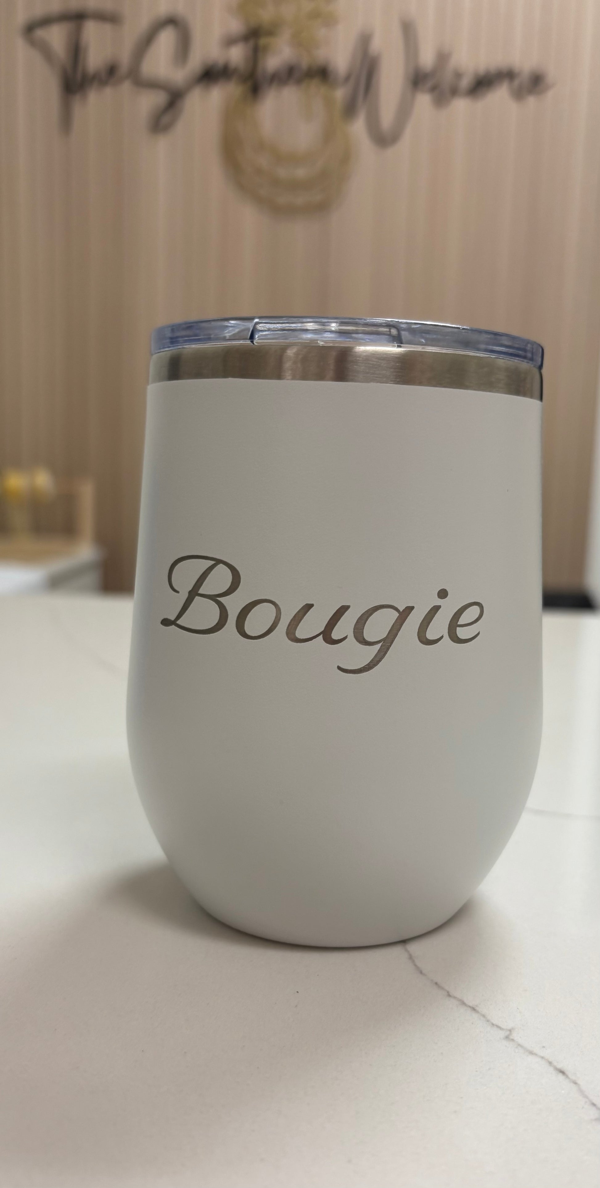 Locally sourced in Charleston White tumbler with 'Bougie' text on a light background