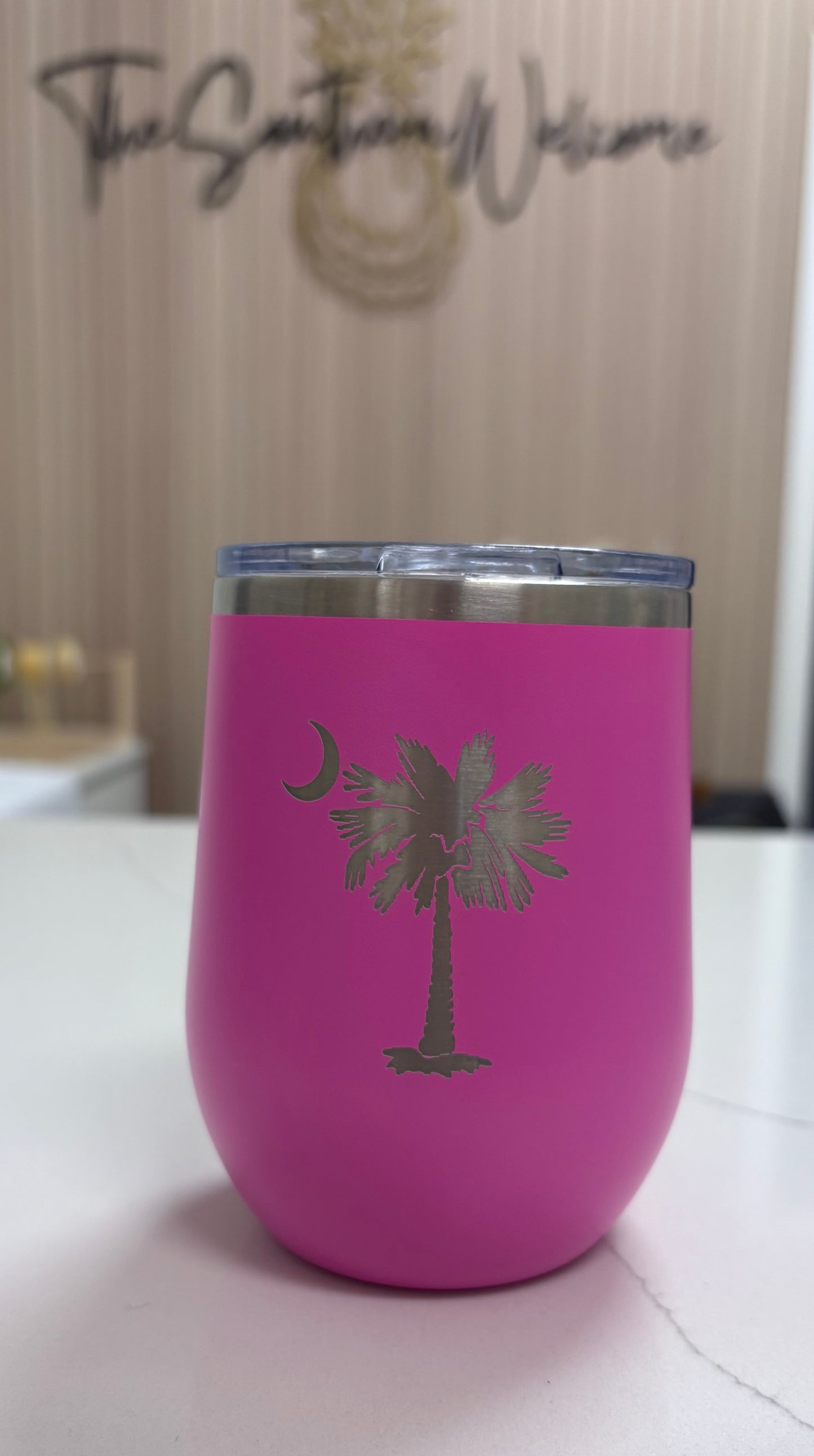 Locally made in Charleston Locally sourced in Charleston Pink tumbler with Palm Tree on a light background