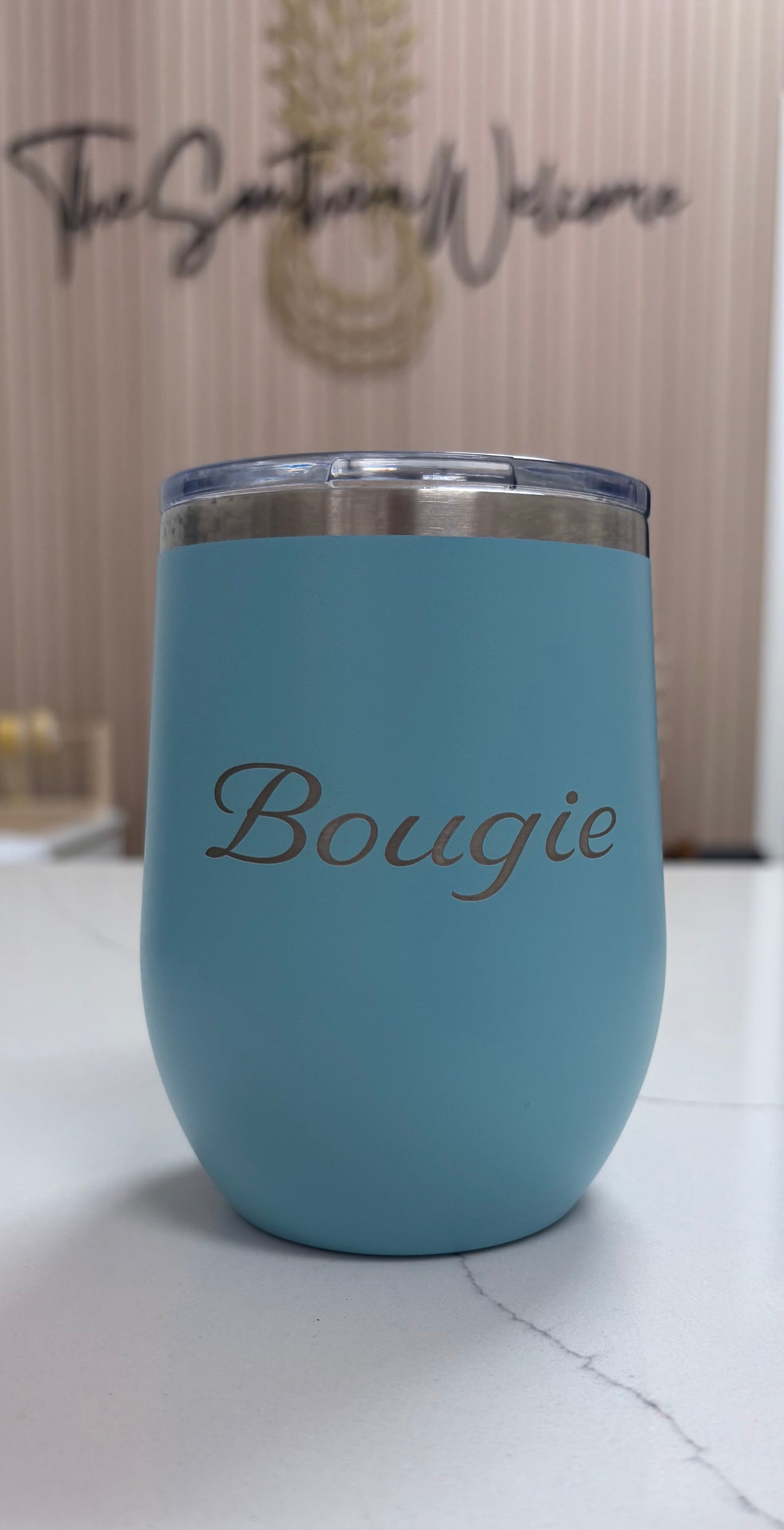 Locally sourced in Charleston Blue tumbler with 'Bougie' text on a light background