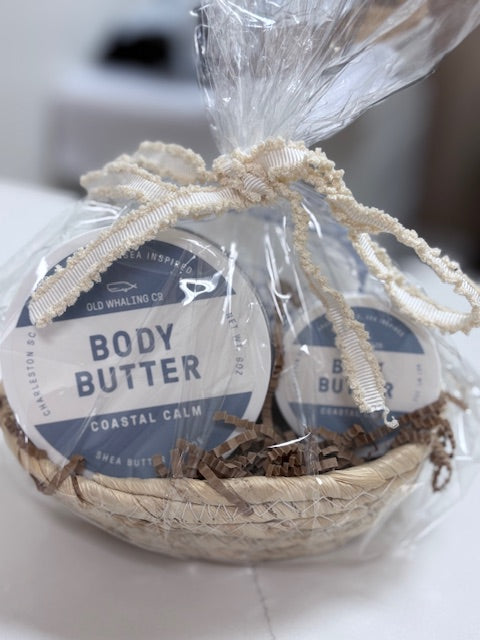 Charleston local gift basket with Old Whaling Coastal Calm body butter and soap.