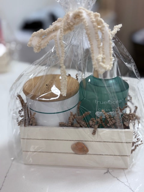 Gift Basket in a wooden crate, featuring 'true ocean' branding.