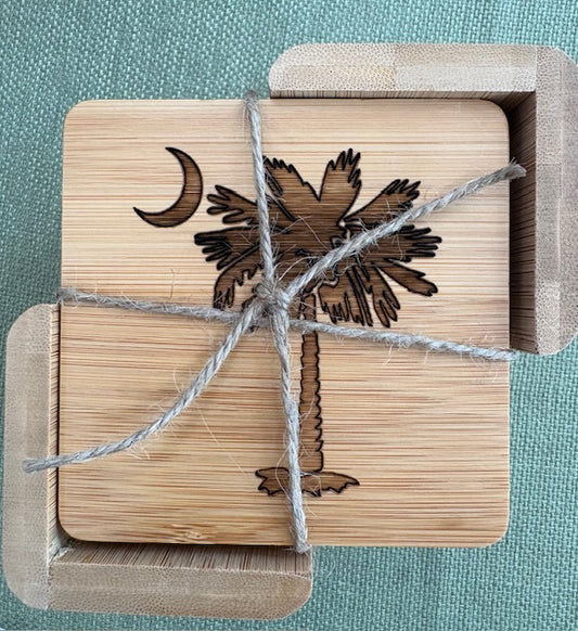 Engraved Palm and Moon Wooden Coaster Set