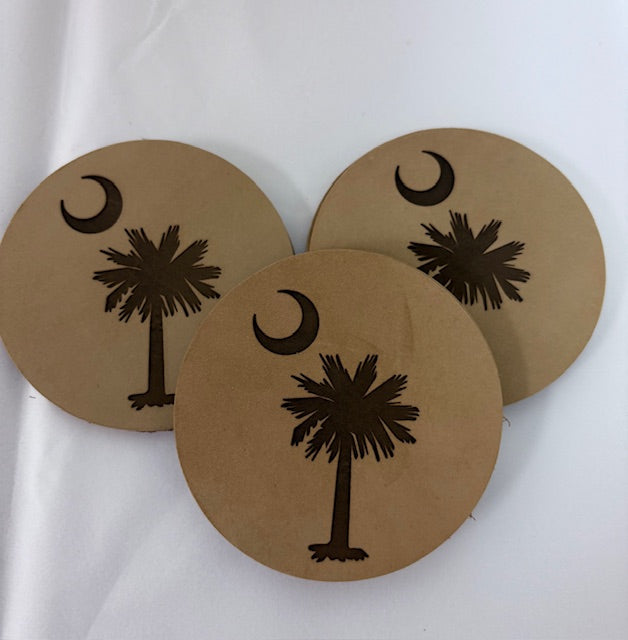 Faux leather engraved palm and moon South Carolina coaster
