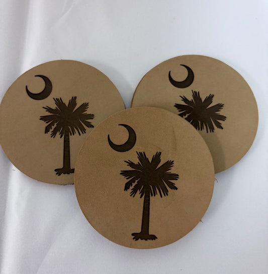 Faux leather engraved palm and moon South Carolina coaster
