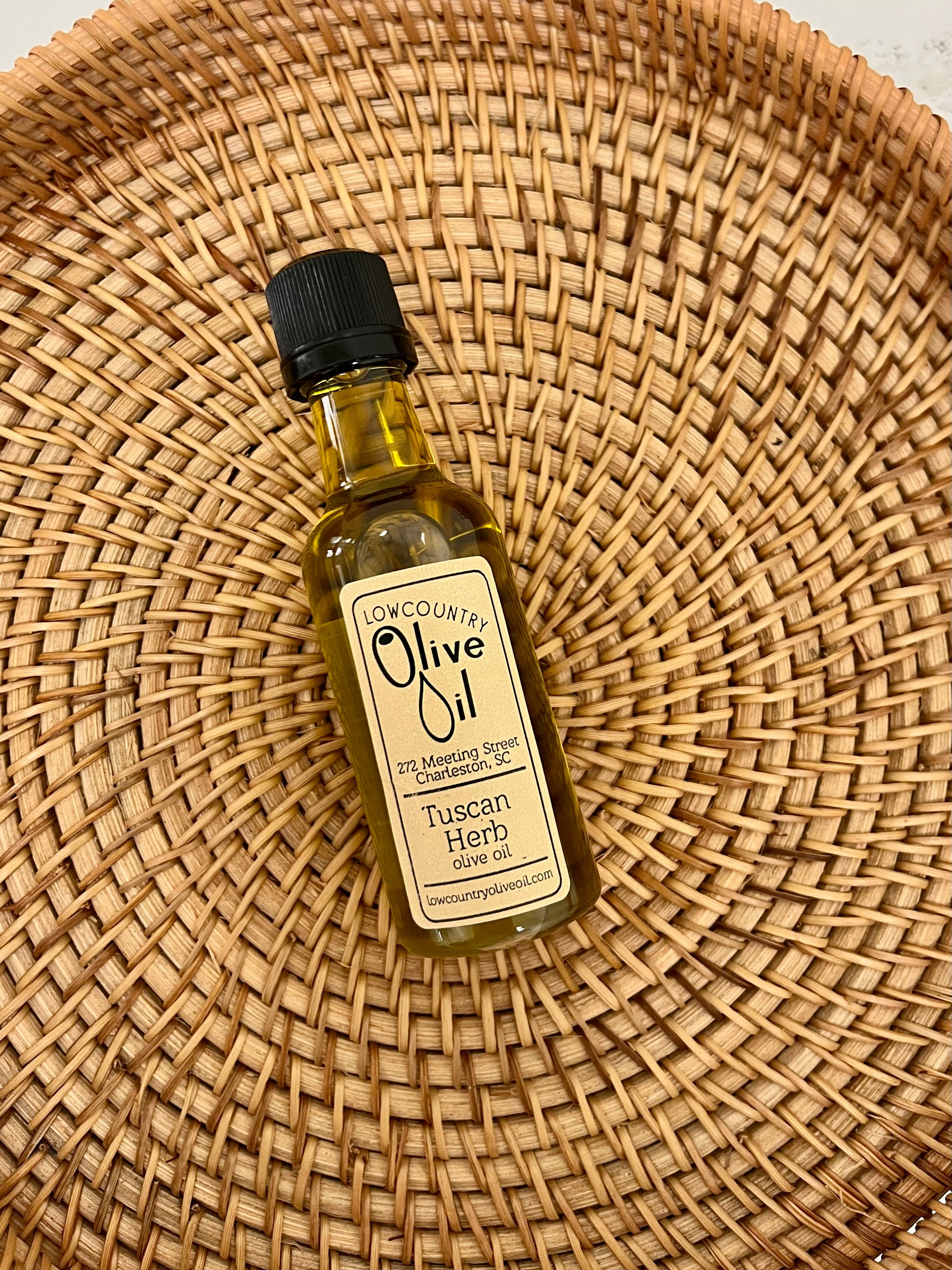 Locally made in Charleston, SC. A small bottle of Tuscan Herb Lowcountry Olive Oil. 