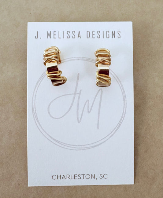 Gold wire-wrapped earrings on a J. Melissa Designs card with 'Charleston, SC' text. ~ local Charleston jewelry