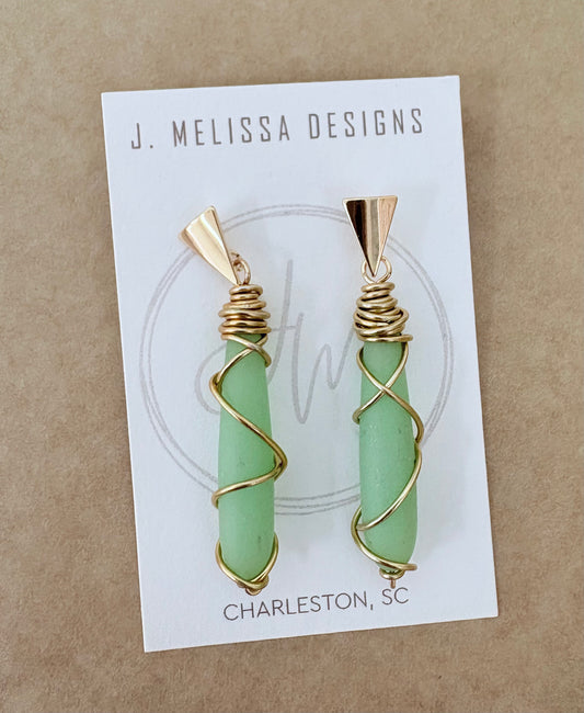 Green earrings with gold wire wrapping on a J. Melissa Designs card. ~ local Charleston jewelry