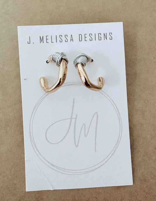 Gold hoop earrings on a J. Melissa Designs card against a brown background ~ local Charleston jewelry