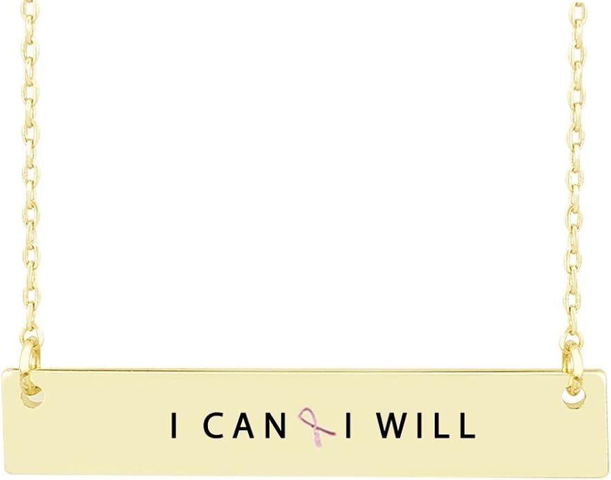 I Can, I Will Breast Cancer Ribbon Bar Necklace