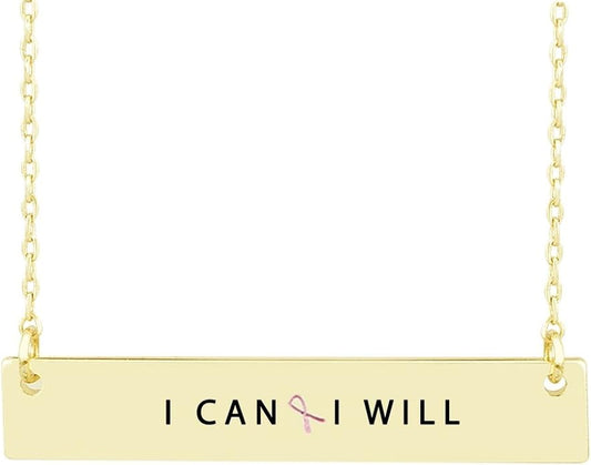 I Can, I Will Breast Cancer Ribbon Bar Necklace