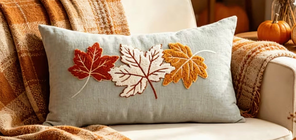 Teal Lumbar Embroidered Fall 3 Leaf Pillow