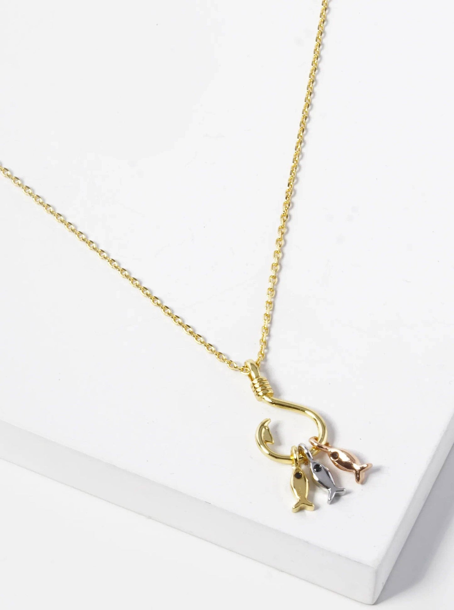White Gold Dipped Three Fish With A Hook Pendant Necklace