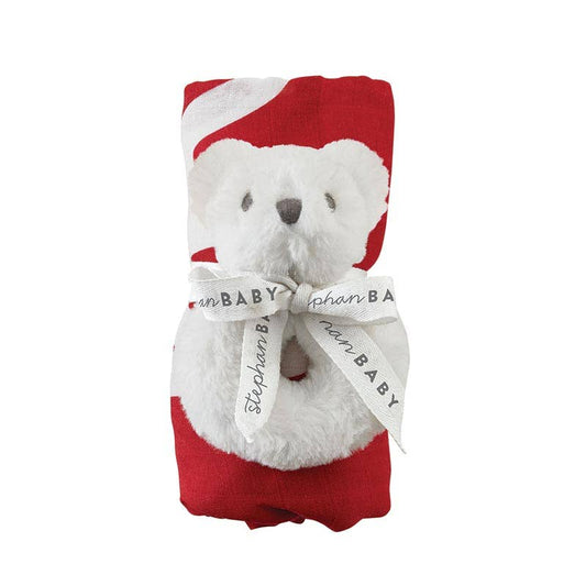 Swaddle Blanket + Plush Bear Rattle - My First Christmas