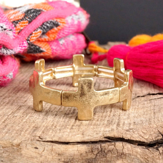 Hammered Sideways Cross Bracelet in Worn Gold Tone Boho Style