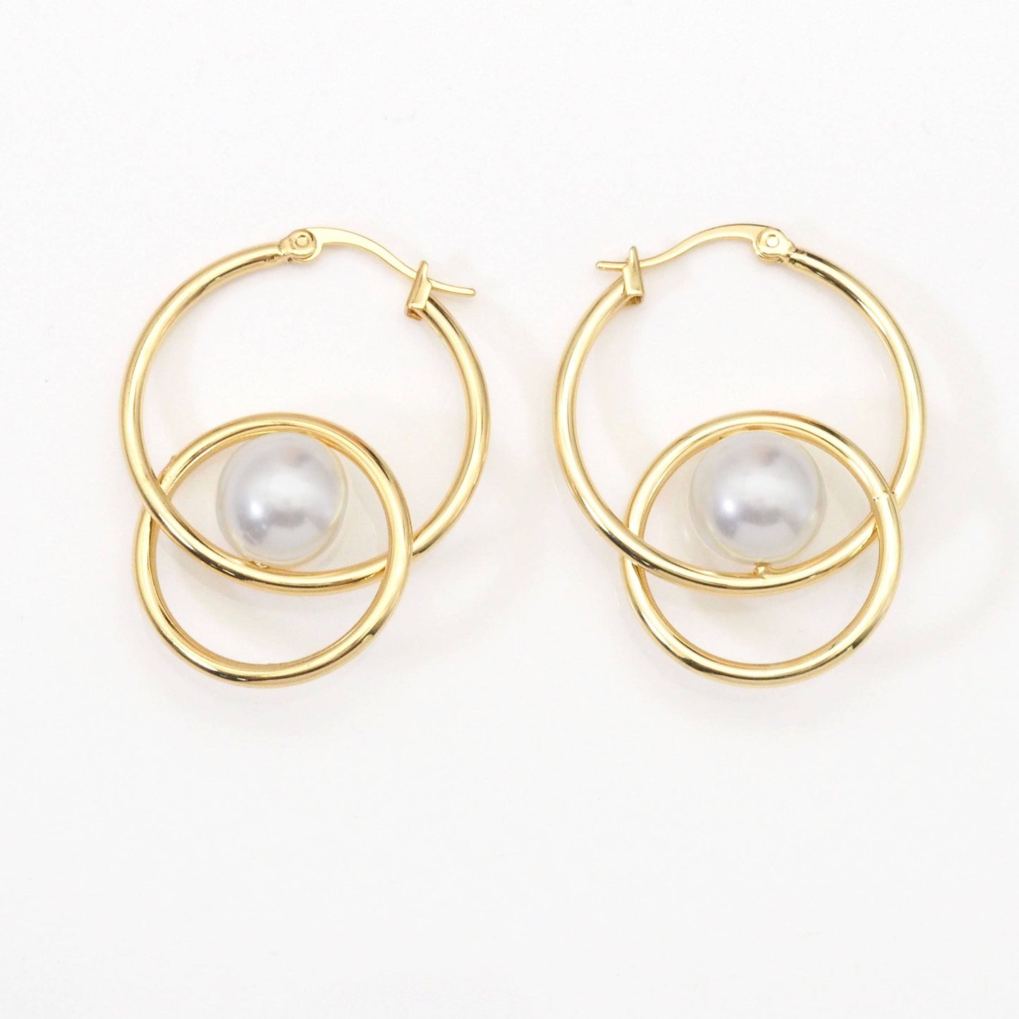 Gold Pearl Double Ring Hoop Earrings, Sku#Y787