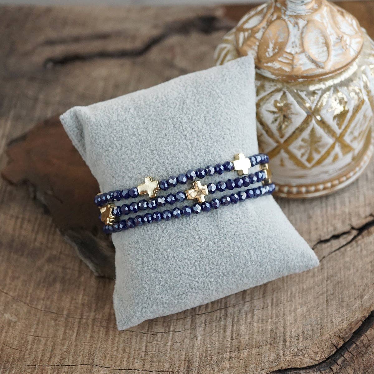 Mini Sideways Cross Bracelet stack Glass and gold metal beads