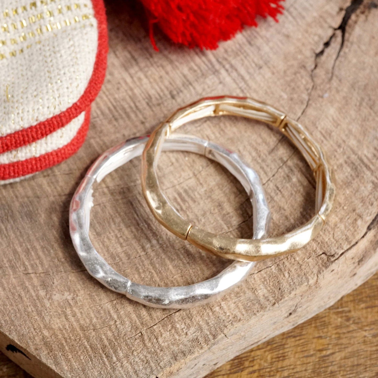 Boho Stretchy Minimalist Bangle Raw Textured Worn Gold and Silver tones