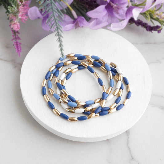 Rice bead bracelet stack 5 bracelets - Blues and Gold tone