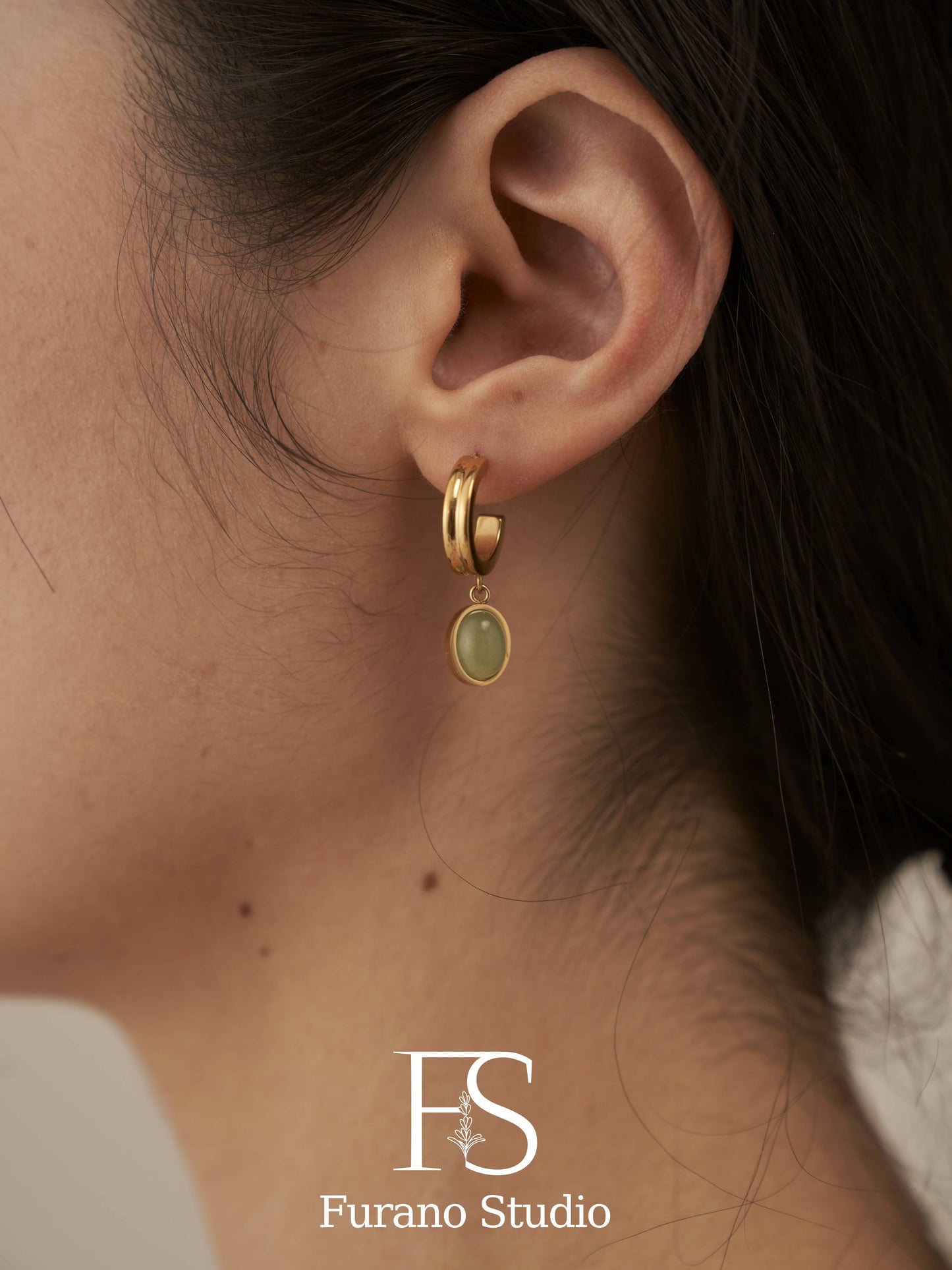 18k gold green oval Aventurine Hoop Earring