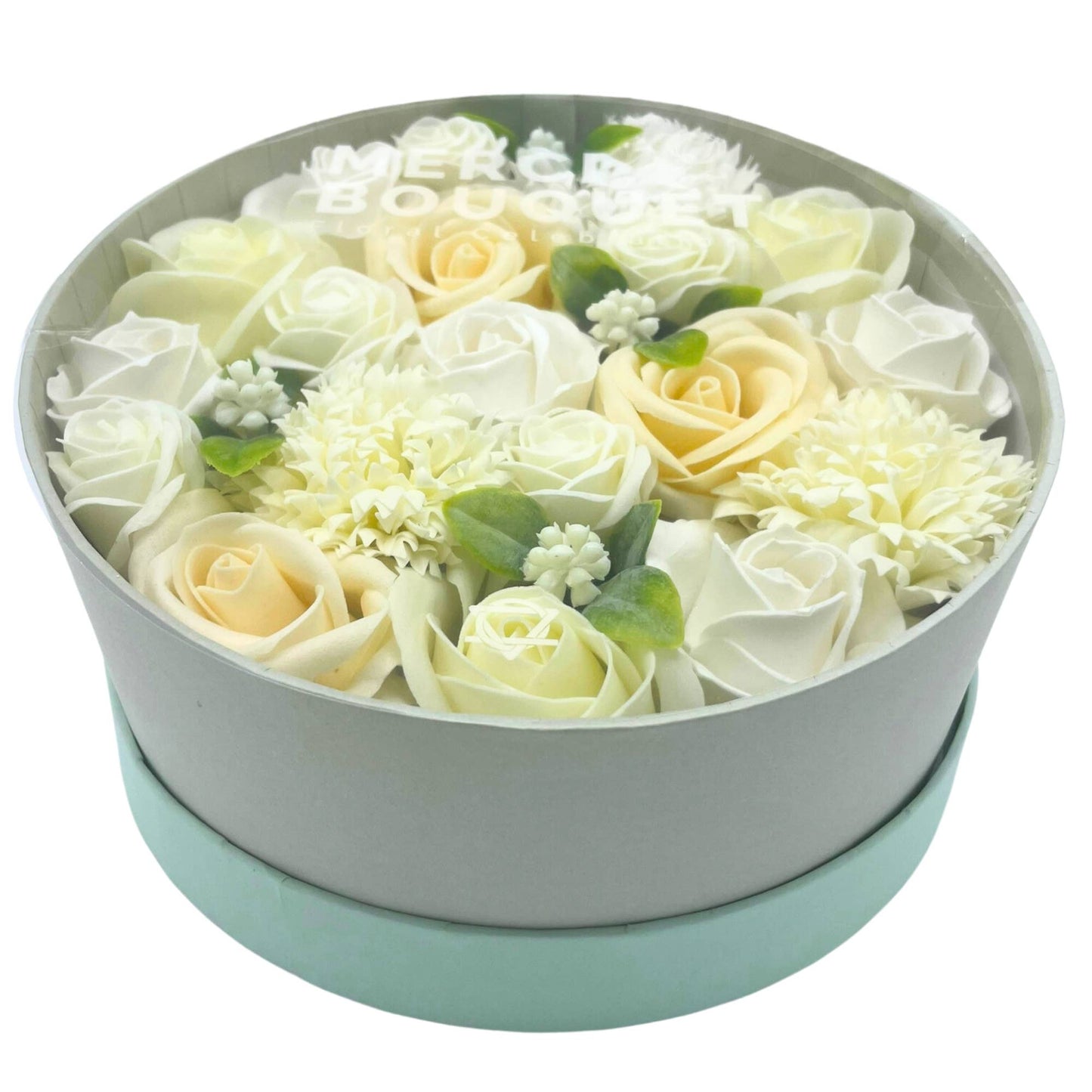 Round Box Soap Flowers - White & Ivory