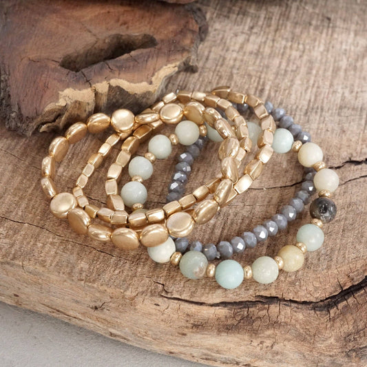 Boho Beaded Bracelet Stack Amazonite Mint and worn gold tone - Set of 5