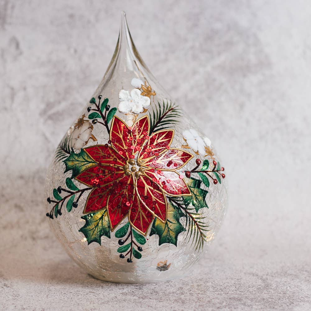 Poinsettia Glass Teardrop with LED String Lights — Christmas, Holiday Ornaments