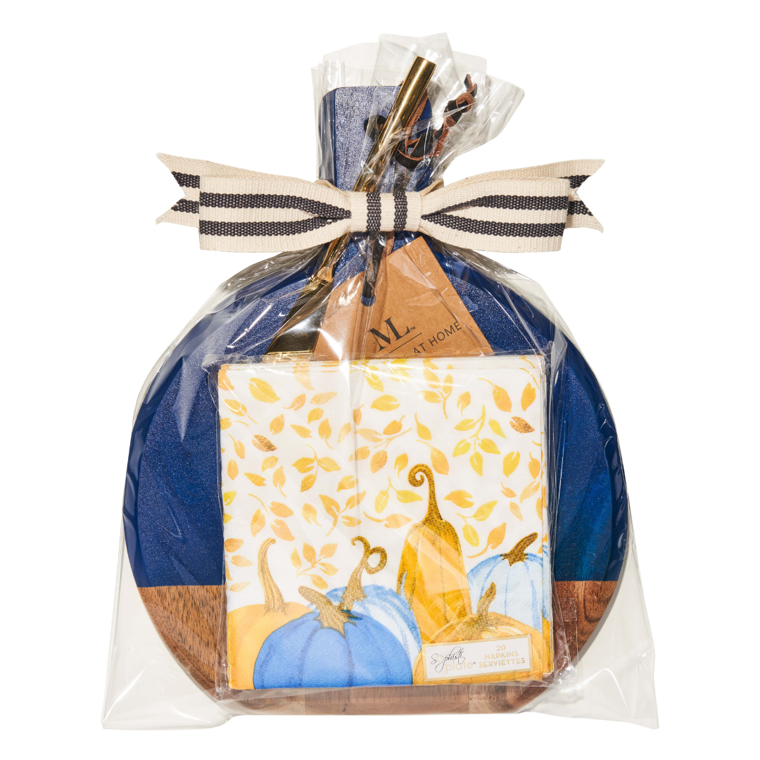 Bevel Board Kit - 9.75 x 8" Blue Acacia Medium w/ Gold Spreader, Harvest Blues Napkin, and Ribbon