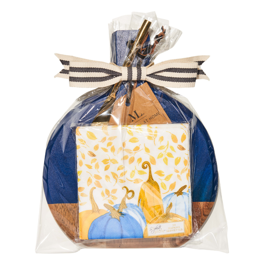 Bevel Board Kit - 9.75 x 8" Blue Acacia Medium w/ Gold Spreader, Harvest Blues Napkin, and Ribbon