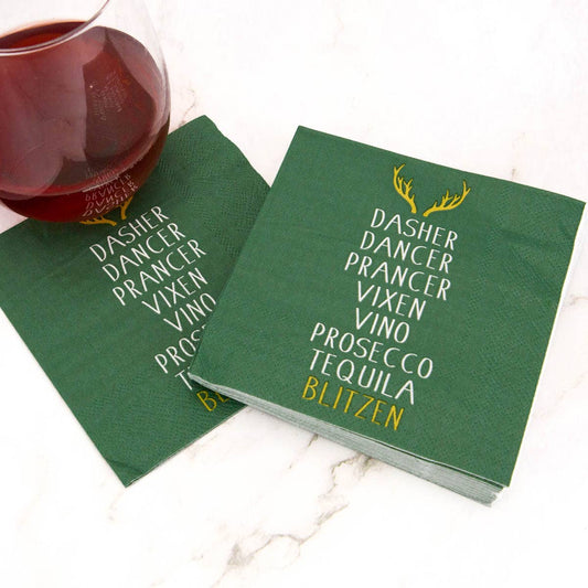 Blitzen Cocktail Napkins    Dark Green/White   5"