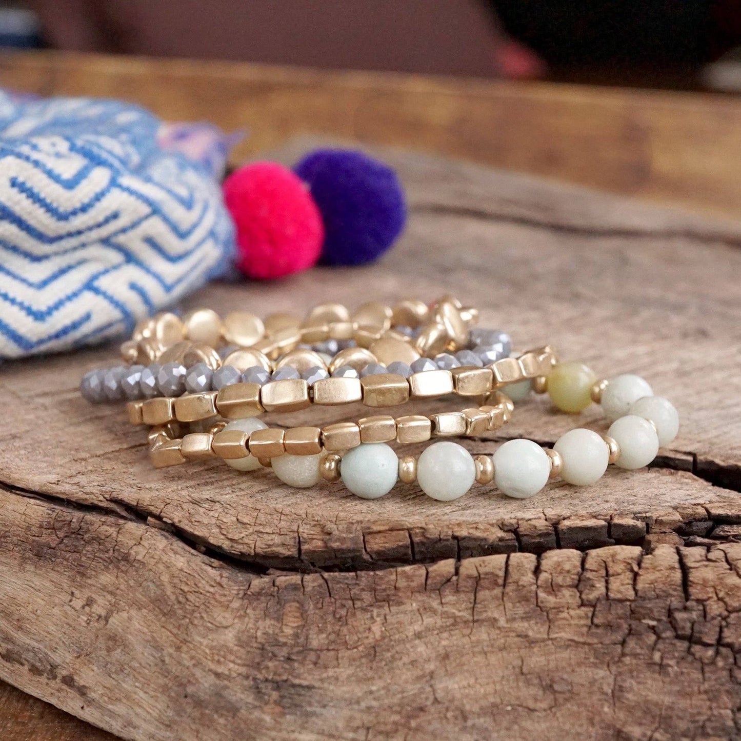 Boho Beaded Bracelet Stack Amazonite Mint and worn gold tone - Set of 5