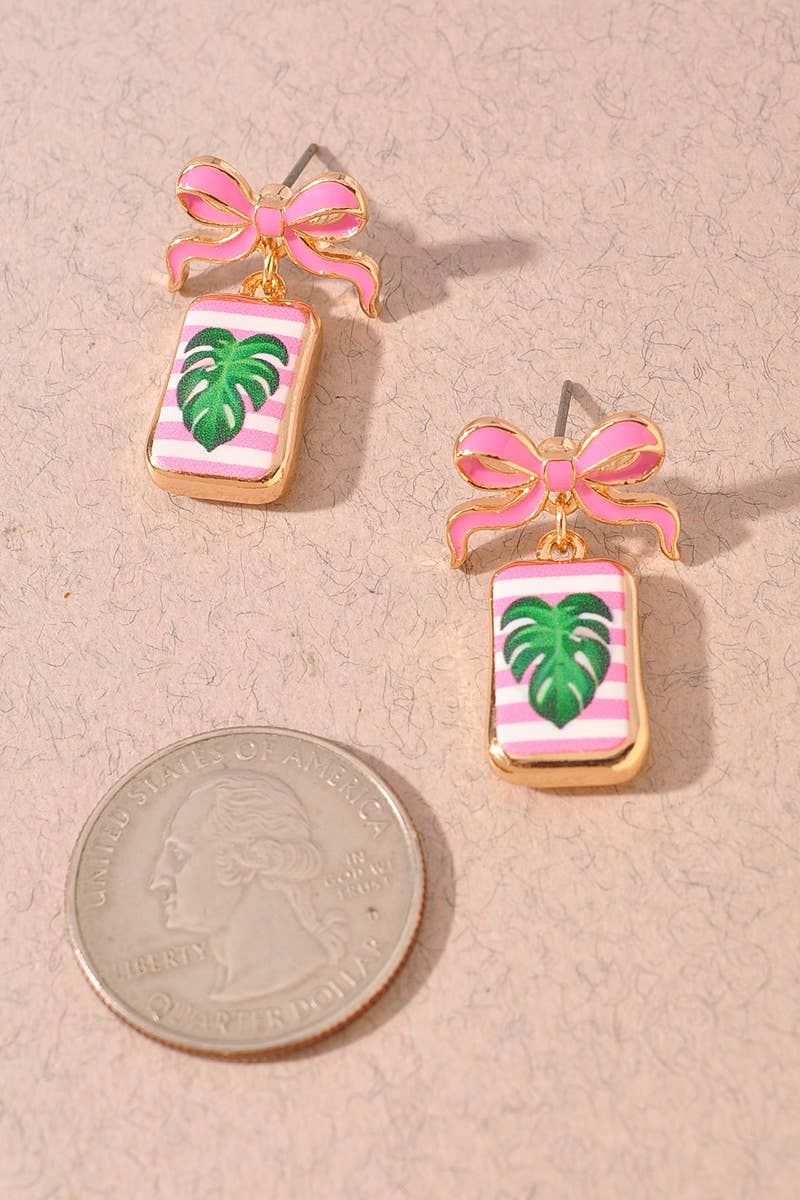BOW SHAPED ENAMEL POST W/ MONSTERA PRINTED PARTY EARRINGS